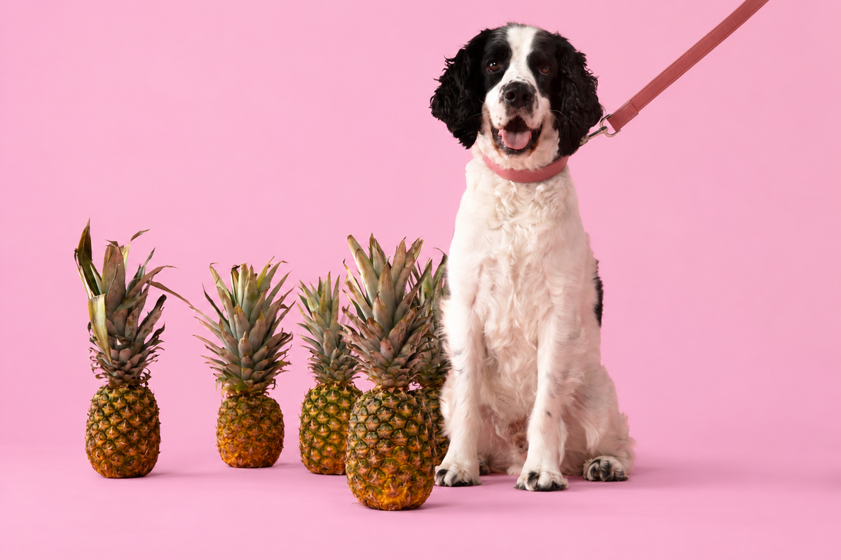 Dog wearing Pink Piñya collar and leash beside pineapples on a pink backdrop